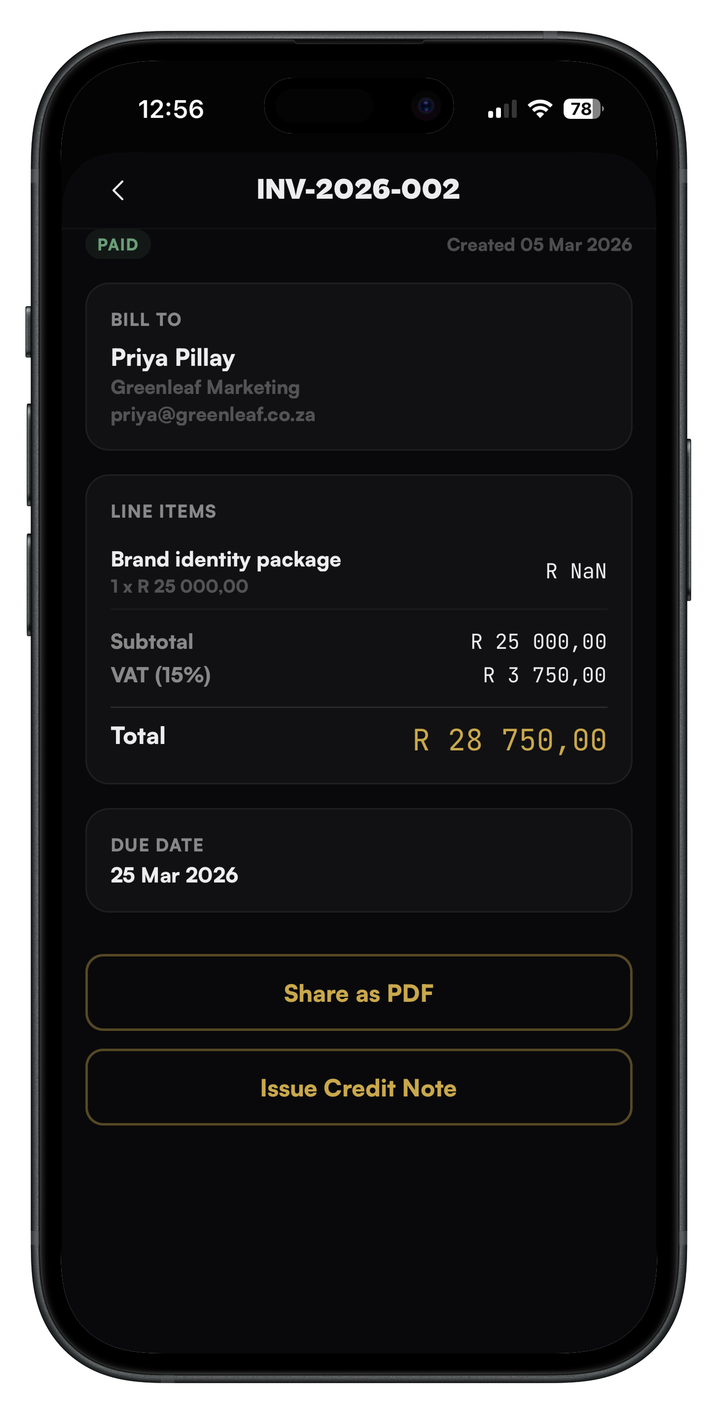 Professional Invoicing screen