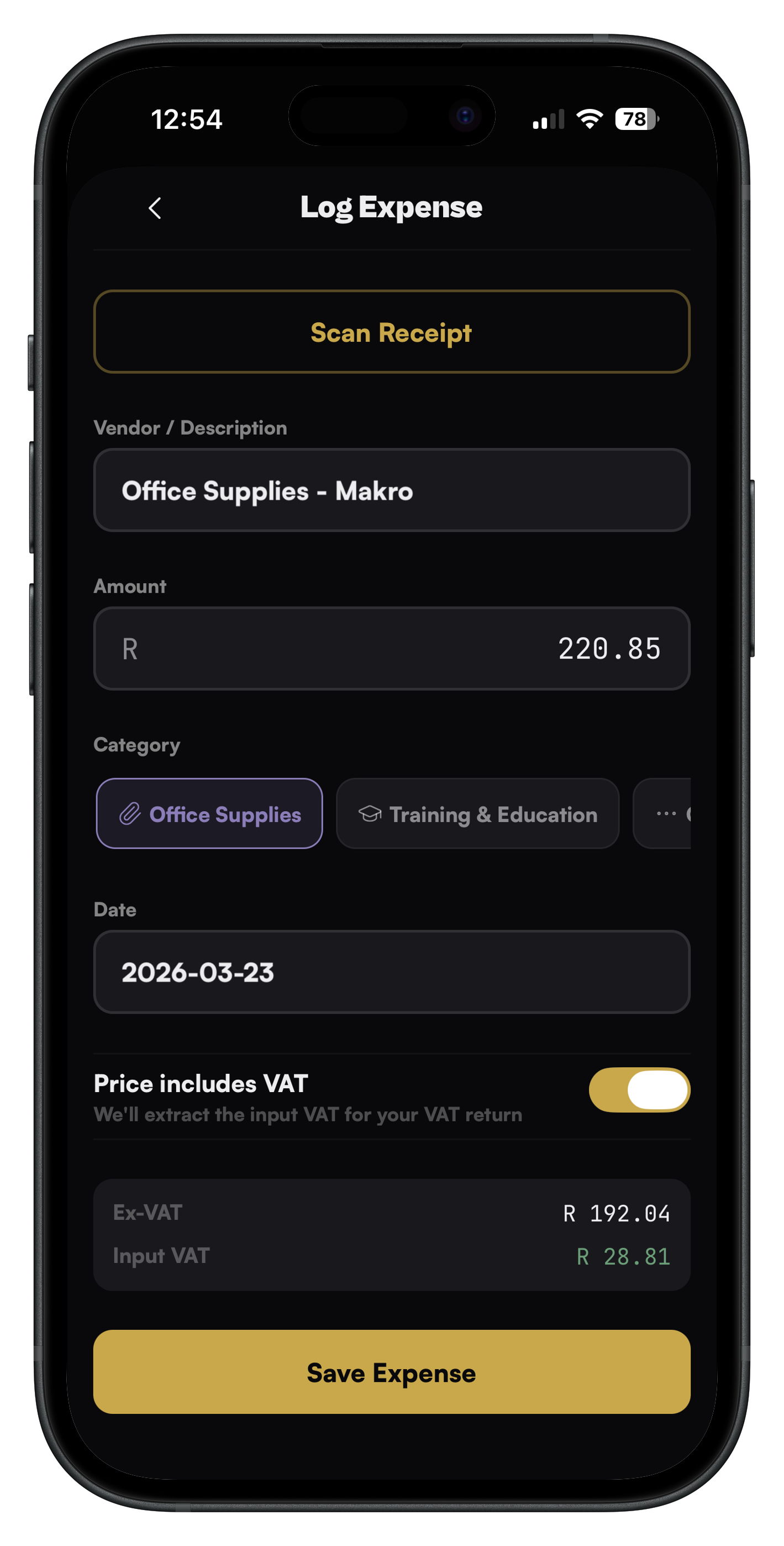 Expense Tracking screen